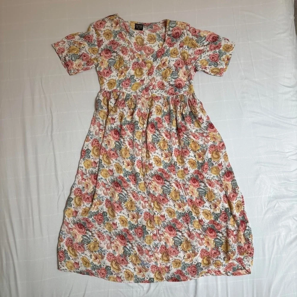 Pink, Green, Cream Rayon Floral Button Down Pleated Dress Revue Small VTG 90s - Picture 5 of 8